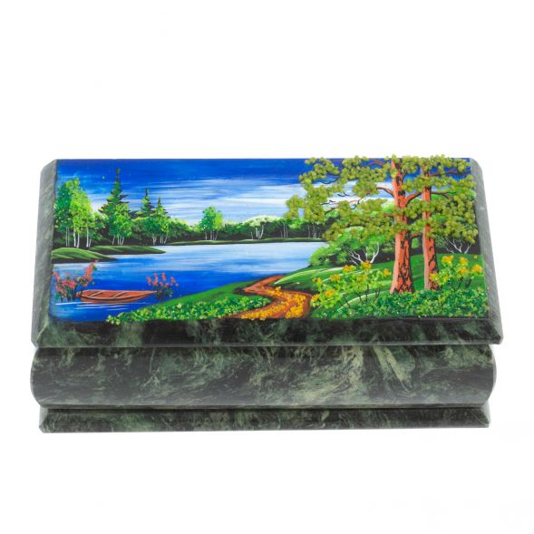 Шкатулка &amp;quot;Лодка на озере&amp;quot; из шабровского змеевика 18х9х6,5 см 127829