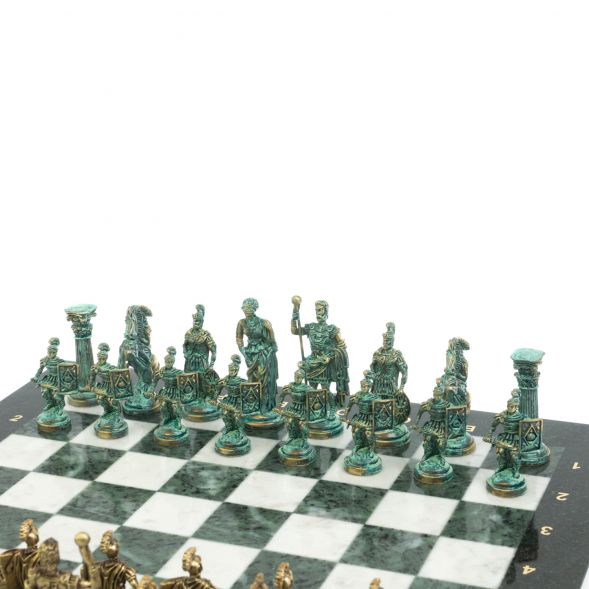 Шахматы &amp;quot;Римские войны&amp;quot; фигуры бронза / патина 44х44 см мрамор змеевик 128382