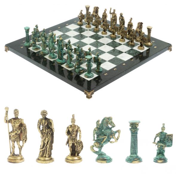 Шахматы &amp;quot;Римские войны&amp;quot; фигуры бронза / патина 44х44 см мрамор змеевик 128382