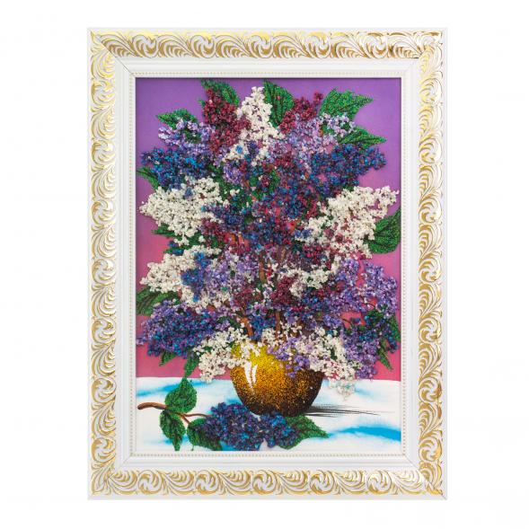 Картина с рисунком из камня &amp;quot;Сирень в вазе&amp;quot; в багете 36х46 см розовый фон / картина в гостиную / картина на стену / для домашнего интерьера