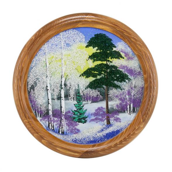 Панно каменное на тарелке из дерева &amp;quot;Зимний пейзаж&amp;quot; 40 см 111121