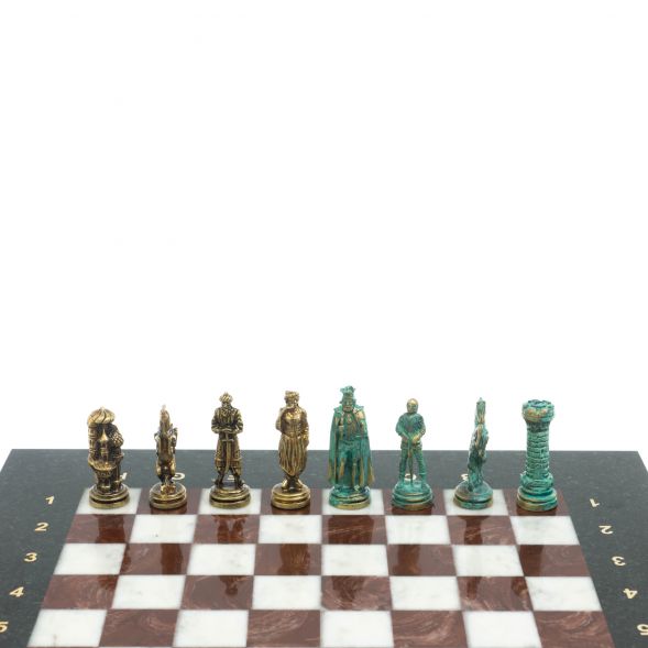 Шахматы &amp;quot;Рыцари&amp;quot; фигуры бронза / патина 28х28 см из лемезита и мрамора 128217