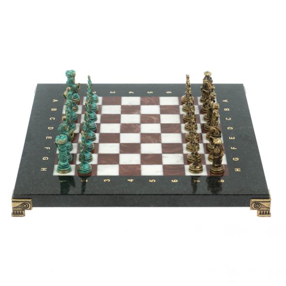 Шахматы &amp;quot;Рыцари&amp;quot; фигуры бронза / патина 28х28 см из лемезита и мрамора 128217