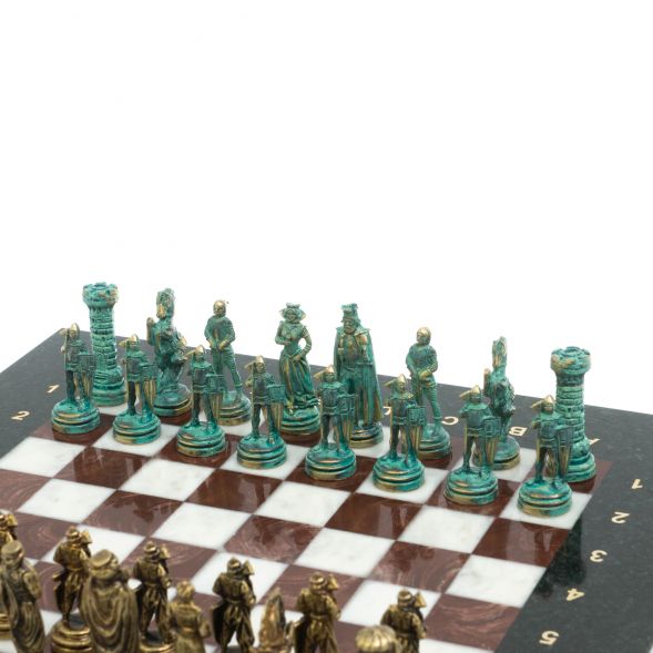 Шахматы &amp;quot;Рыцари&amp;quot; фигуры бронза / патина 28х28 см из лемезита и мрамора 128217
