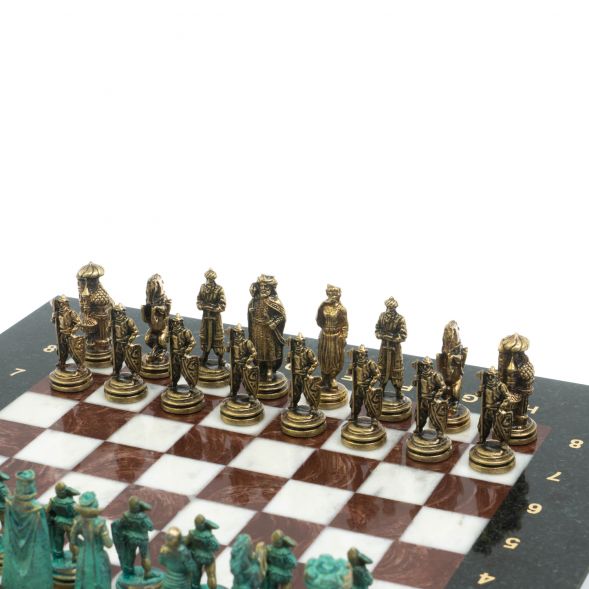 Шахматы &amp;quot;Рыцари&amp;quot; фигуры бронза / патина 28х28 см из лемезита и мрамора 128217