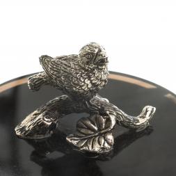 Шкатулка круглая "Певчая птица" черный обсидиан бронза 7,5х7,5х7,5 см