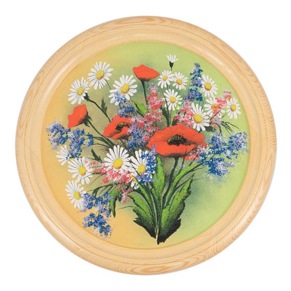 Панно на тарелке из дерева &amp;quot;Букет полевых цветов&amp;quot; 40 см рисунок каменная крошка 112329