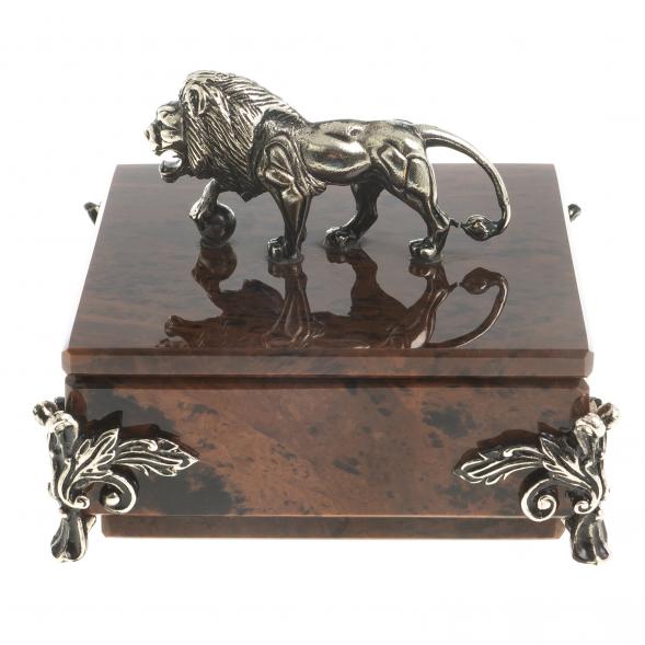 Шкатулка &amp;quot;Лев&amp;quot; камень обсидиан бронза 11х11х8,5 см 122967