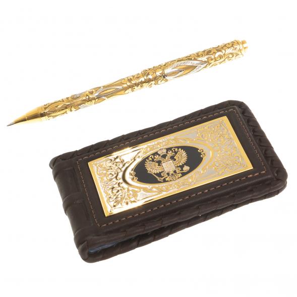 Подарочный набор &amp;quot;Гербовый&amp;quot; кожаная визитница и ручка Златоуст 122387