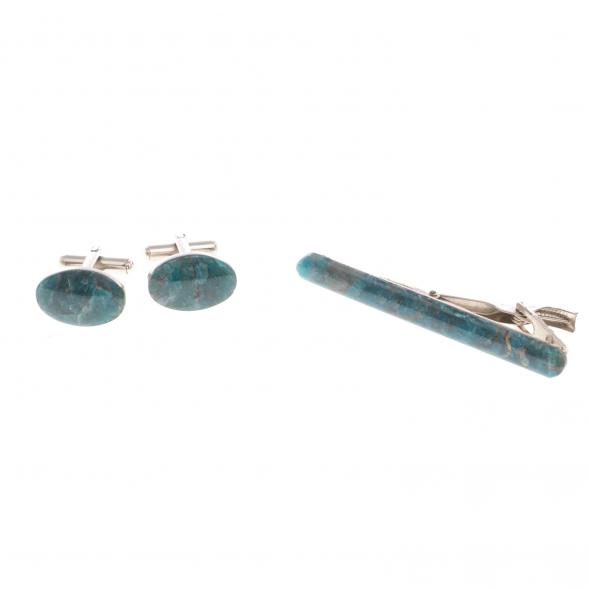 Набор запонки овальные и зажим для галстука камень голубой апатит 124482