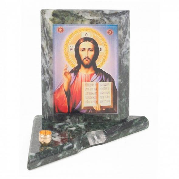 Икона с подсвечником Спаситель малая из змеевика 9,5х9,5х10 см 118822