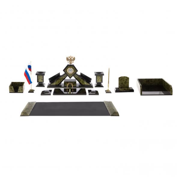 Письменный набор &amp;quot;Герб&amp;quot; с лотком для бумаг А4 и бюваром камень змеевик 124559