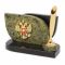 Настольная визитница из камня "Герб РФ" с подставкой под ручку змеевик