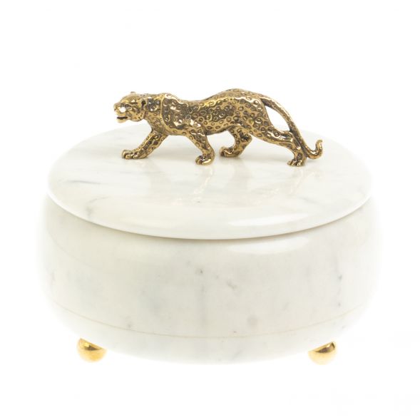 Шкатулка круглая &amp;quot;Гепард&amp;quot; из белого мрамора 15х15х12 см 127680