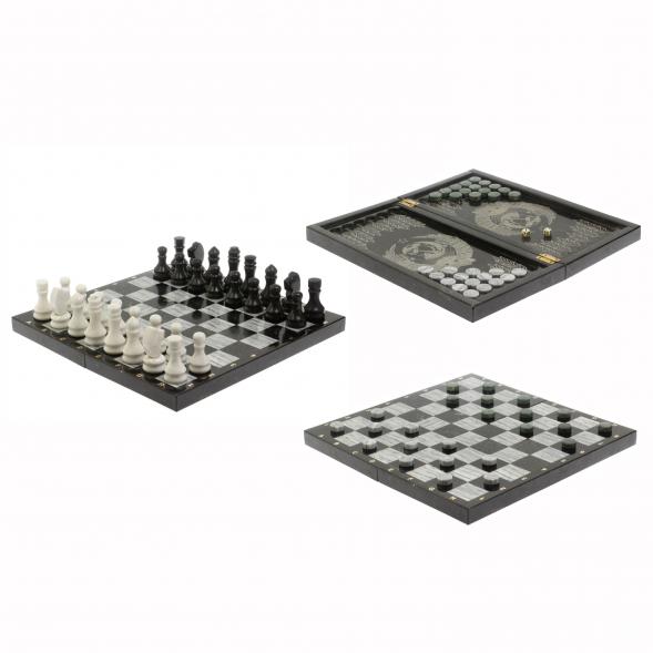 Шахматный набор 3 в 1 серый мрамор, гранит с гравировкой 127043