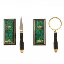 Канцелярский набор лупа и нож &amp;quot;Малахит&amp;quot; в подарочной коробке Златоуст