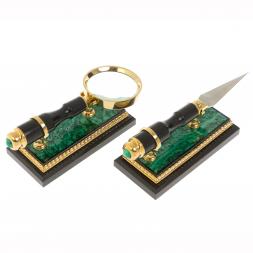 Канцелярский набор лупа и нож &amp;quot;Малахит&amp;quot; в подарочной коробке Златоуст