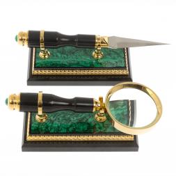 Канцелярский набор лупа и нож &amp;quot;Малахит&amp;quot; в подарочной коробке Златоуст