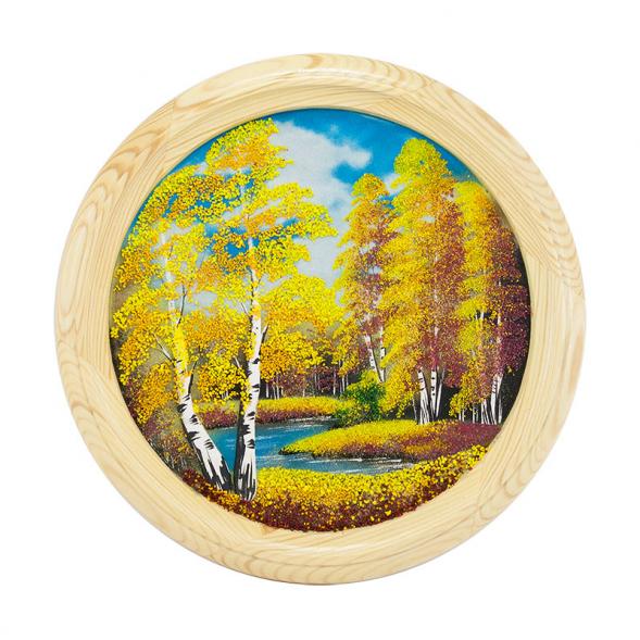 Панно каменное на тарелке из дерева &amp;quot;Осенний пейзаж&amp;quot; 40 см 111115