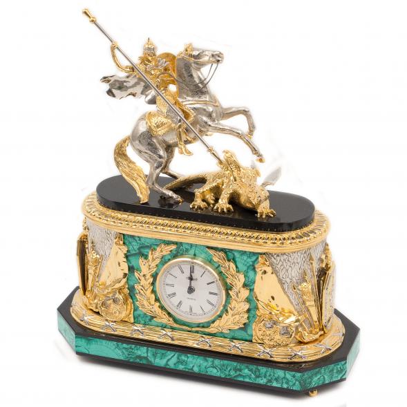Каминные часы &amp;quot;Георгий Победоносец&amp;quot; камень малахит бронза Златоуст 116993