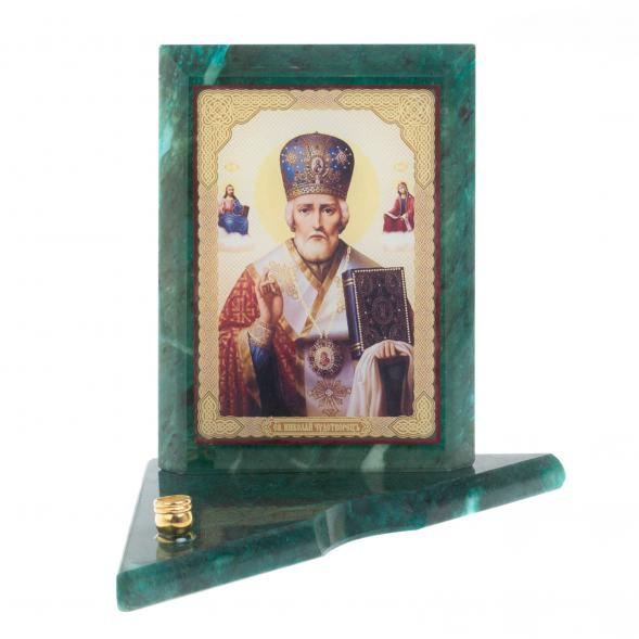 Икона с подсвечником Николай Чудотворец средняя из змеевика 12х12х13 см 118826