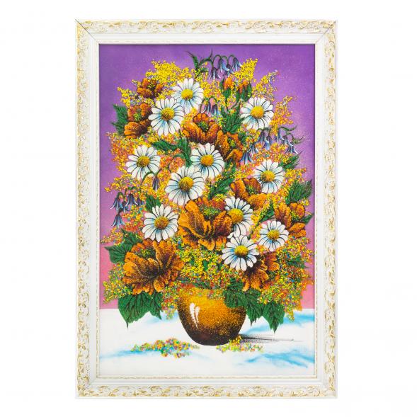 Картина &amp;quot;Букет из маков и ромашек&amp;quot; белый багет 47х67 см сиреневый фон 123985