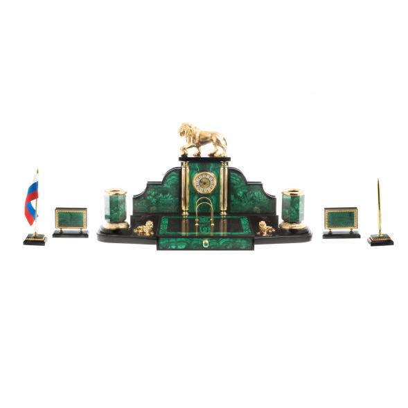 Письменный прибор из малахита &amp;quot;Лев с шаром&amp;quot; / Канцелярский набор / Набор письменных принадлежностей / На стол руководителю / Подарок генеральному президенту