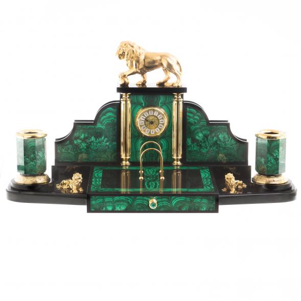 Письменный прибор из малахита &amp;quot;Лев с шаром&amp;quot; / Канцелярский набор / Набор письменных принадлежностей / На стол руководителю / Подарок генеральному президенту