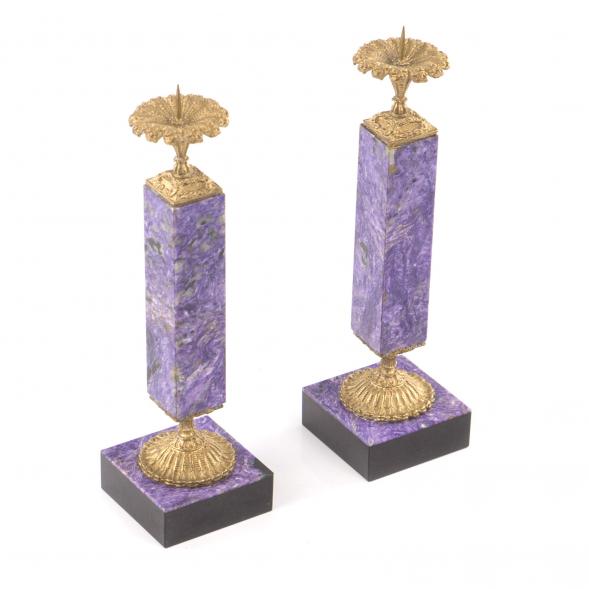 Настольные подсвечники из натурального камня чароит с бронзой пара 121854