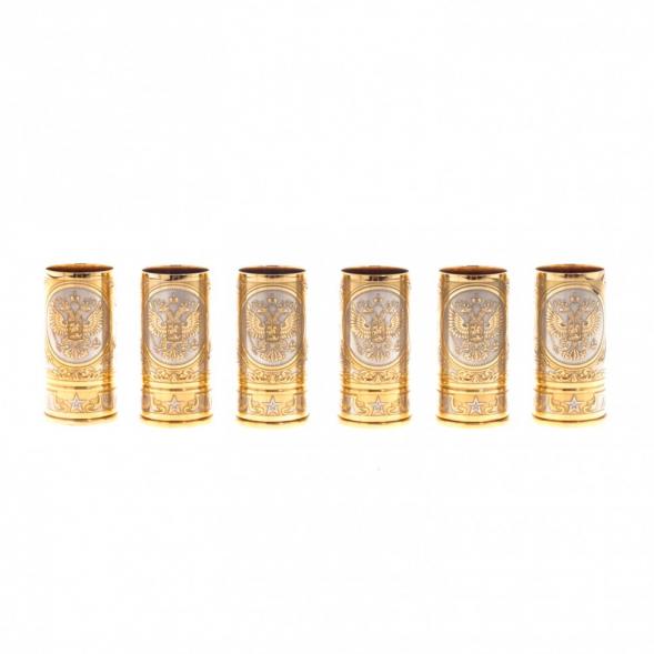 Набор стопок &amp;quot;Герб России&amp;quot; 6 шт в кожаном патронташе Златоуст 122200