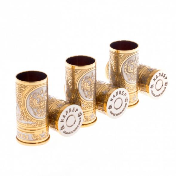 Набор стопок &amp;quot;Герб России&amp;quot; 6 шт в кожаном патронташе Златоуст 122200