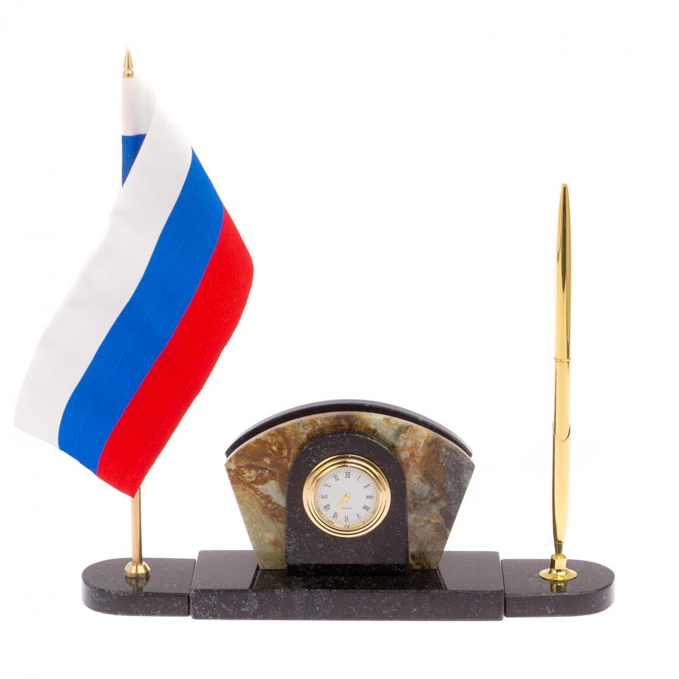 Визитница с часами и флагом России камень офиокальцит 125222 купить в  Кемерово в интернет-магазине Уральский сувенир