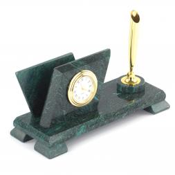 Визитница настольная "Мини 2" с подставкой под ручку из камня змеевик