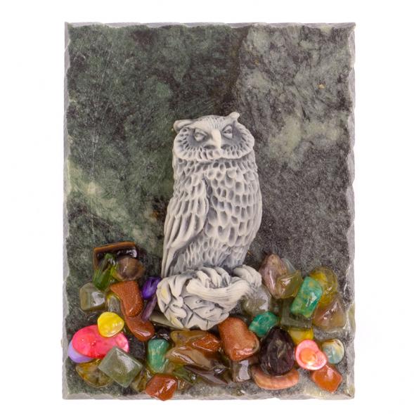 Магнит &amp;quot;Сова на ветке&amp;quot; змеевик мрамолит 126127