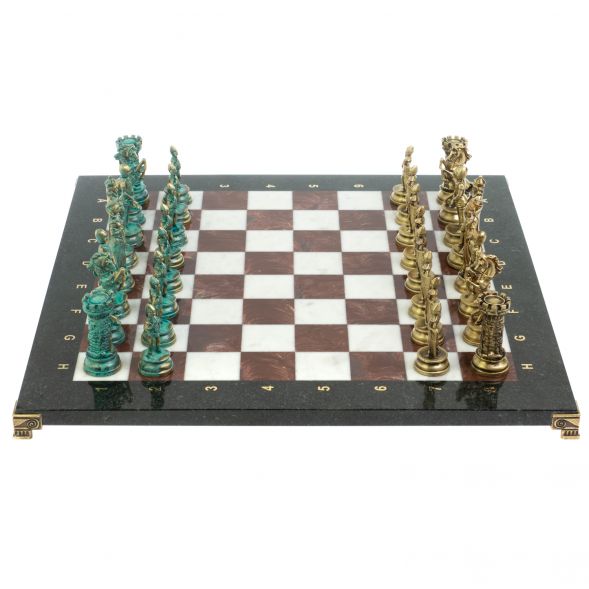 Шахматы &amp;quot;Средневековые рыцари&amp;quot; фигуры бронза / патина 44х44 см мрамор лемезит 128392
