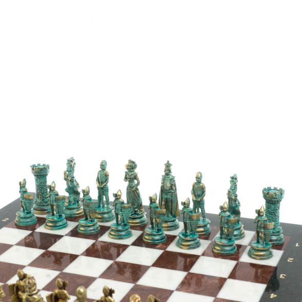 Шахматы &amp;quot;Средневековые рыцари&amp;quot; фигуры бронза / патина 44х44 см мрамор лемезит 128392