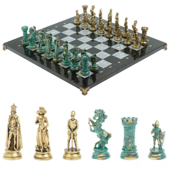 Шахматы &amp;quot;Средневековые рыцари&amp;quot; фигуры бронза / патина серый мрамор 44х44 см 128393