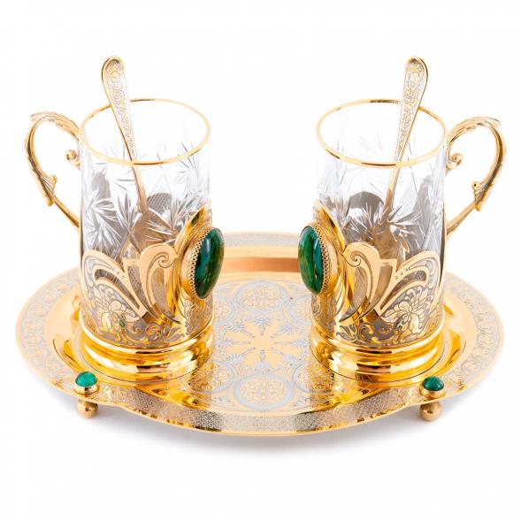 Подарочный чайный набор &amp;quot;Малахитовый&amp;quot; с двумя подстаканниками на подносе 116072