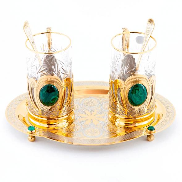 Подарочный чайный набор &amp;quot;Малахитовый&amp;quot; с двумя подстаканниками на подносе 116072