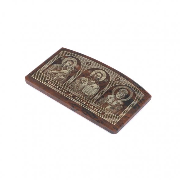 Автоикона &amp;quot;Триптих&amp;quot; из коричневого обсидиана 6,5х4 см 129135