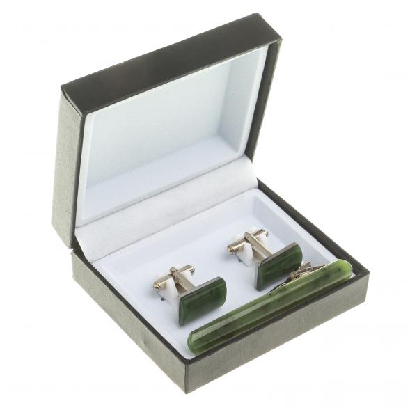 Набор запонки прямоугольные и зажим для галстука нефрит 124083