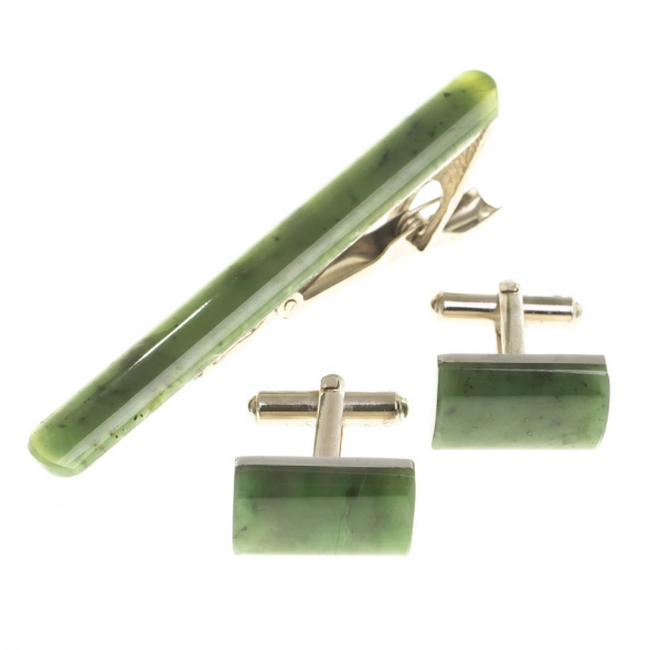 Набор запонки прямоугольные и зажим для галстука нефрит 124083