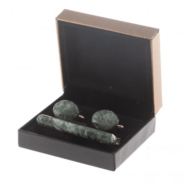 Набор запонки овальные и зажим для галстука камень серафинит 124492
