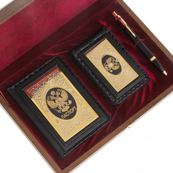 Подарочный набор &amp;quot;Документы&amp;quot; обложка для паспорта, визитница и ручка Parker черная кожа 122400