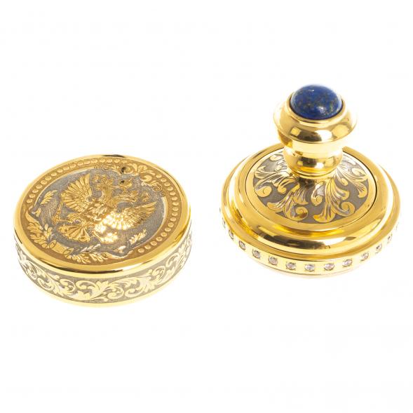 Оснастка для печати &amp;quot;Герб России&amp;quot; металлическая камень лазурит в подарочной упаковке Златоуст