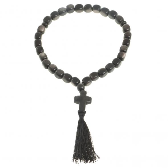 Четки с крестом из черного обсидиана с иризацией 33 бусины цилиндр 122982