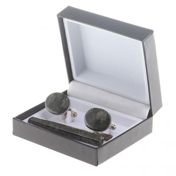 Набор запонки овальные и зажим для галстука камень актиновит 124493