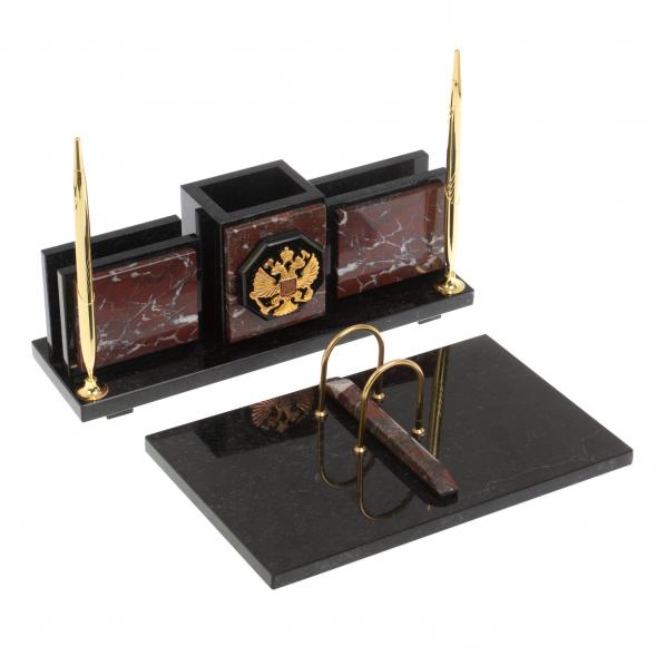 Настольный набор &amp;quot;Офисный&amp;quot; с гербом РФ из камня креноид 126819