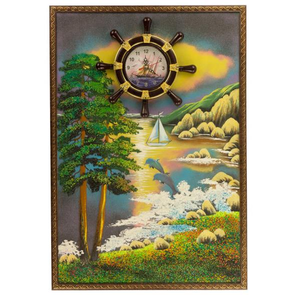 Часы с картиной &amp;quot;Дельфины на закате&amp;quot; 45х65 см каменная крошка 119549
