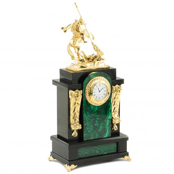 Каминные часы из малахита &amp;quot;Георгий Победоносец&amp;quot; с бронзовым литьем 120188